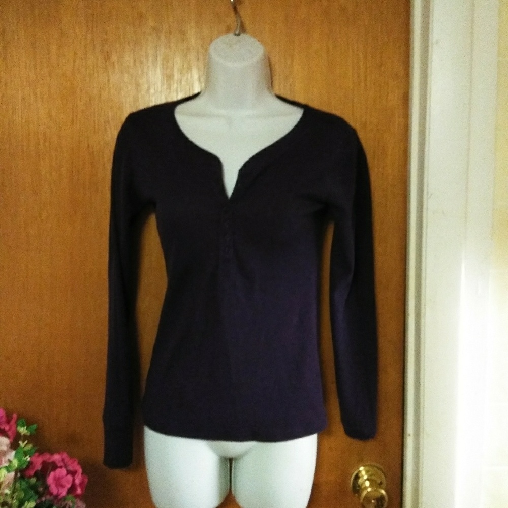 Purple thermal like T shirt with button up neck